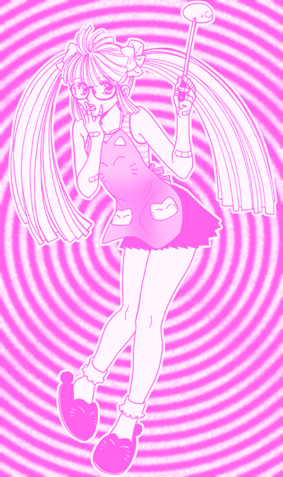 chabudai (chabu), kanda aoi, osu! tatakae! ouendan, striped, 1girl, animal print, animal slippers, apron, bandaid, bandaid on arm, bandaid on hand, bobby socks, cat print, cat slippers, female focus, full body, glasses, hair ribbon, holding, ladle, long hair, looking at viewer, monochrome, pink theme, ribbon, skirt, slippers, socks, solo, tank top, twintails