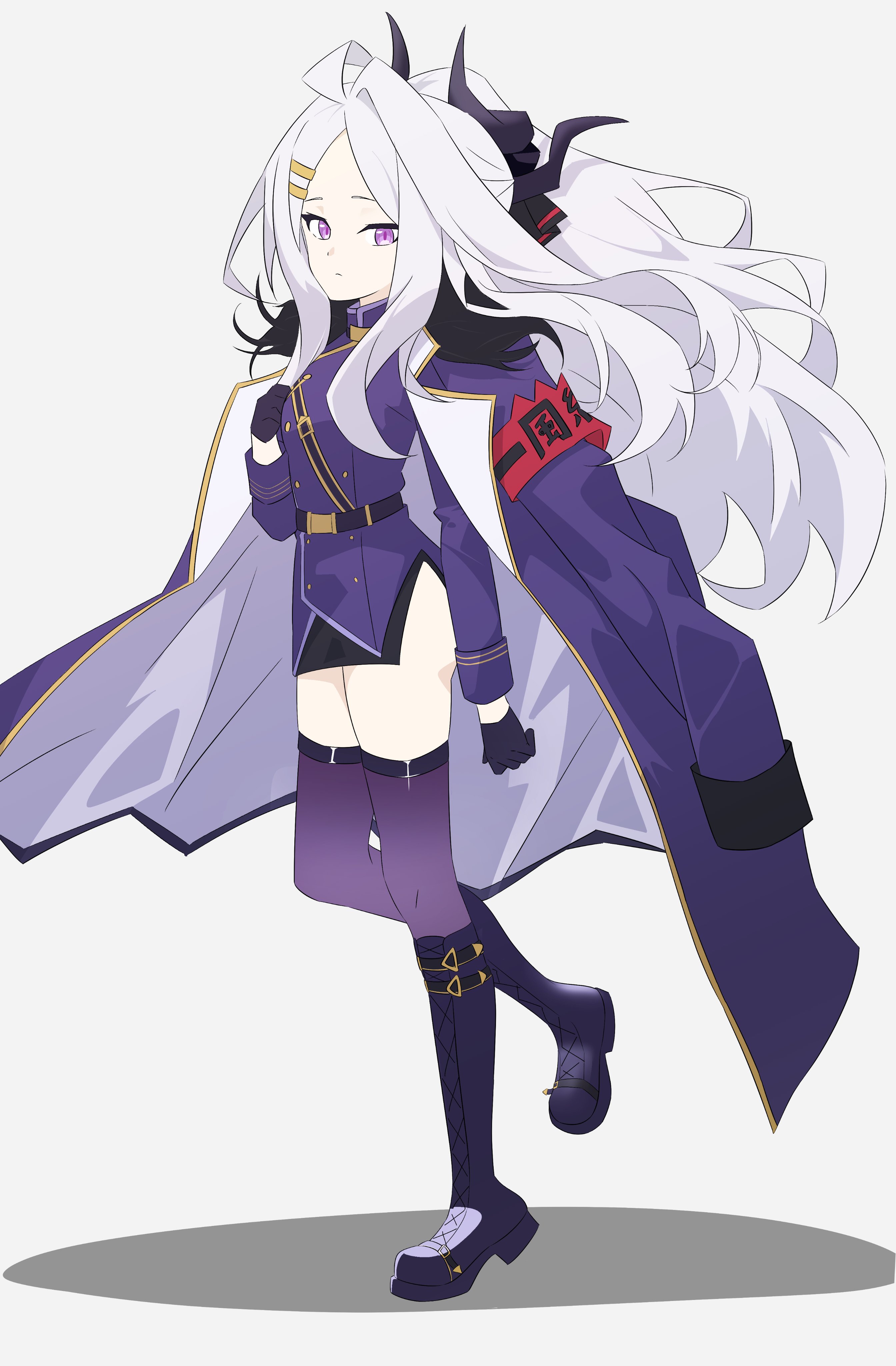 k41to, hina (blue archive), blue archive, absurdres, commentary request, highres, 1girl, ahoge, armband, black coat, black gloves, black skirt, black thighhighs, coat, coat on shoulders, demon girl, demon horns, full body, gloves, horns, long hair, looking at viewer, purple eyes, red armband, skirt, solo, standing, thighhighs, thighs, white hair