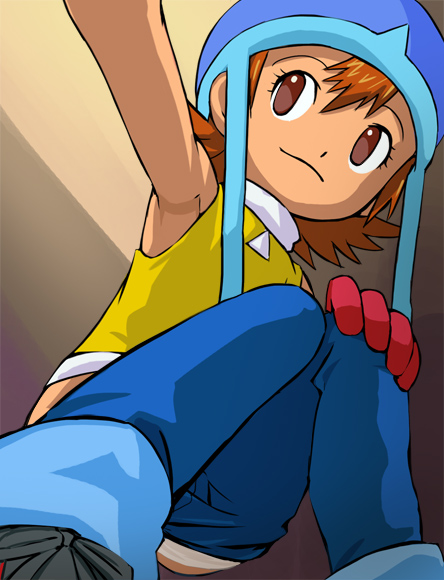 haruyama kazunori, takenouchi sora, digimon, digimon adventure, 1girl, armpits, brown eyes, brown hair, clothes pull, denim, female focus, from below, gloves, hat, jeans, looking down, panties, pants, pants pull, shoes, short hair, sleeveless, sleeveless turtleneck, solo, turtleneck, underwear, white panties