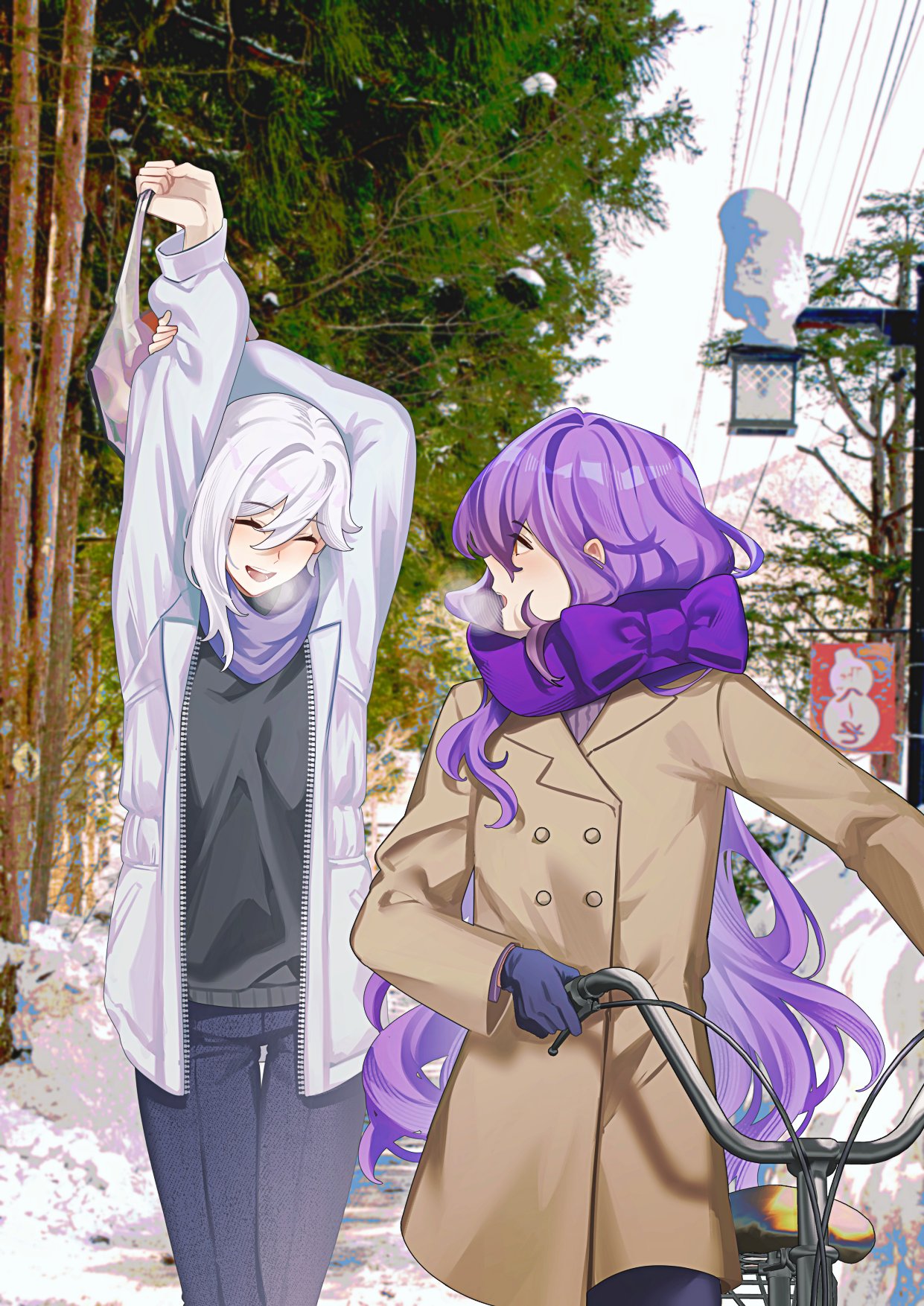 tana (tanabio), cecilia schariac, sirin, honkai (series), honkai impact 3rd, commentary, english commentary, highres, 2girls, alternate universe, arm up, bag, black gloves, black pants, closed eyes, coat, english text, gloves, hair between eyes, holding, holding bag, long sleeves, looking at another, multiple girls, open clothes, open coat, open mouth, outdoors, pants, purple hair, purple scarf, scarf, smile, stretching, walking, white coat, white hair