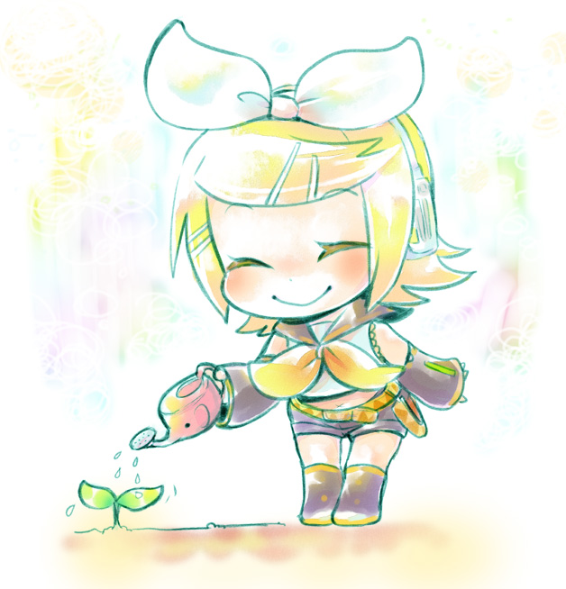 mabo (pixiv), shimabo, kagamine rin, vocaloid, bad id, bad pixiv id, 1girl, blonde hair, chibi, closed eyes, detached sleeves, female focus, hair ornament, hair ribbon, hairclip, headphones, plant, ribbon, sailor, sailor collar, short hair, shorts, smile, solo, thighhighs, watering can