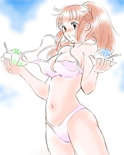 chabudai (chabu), amemiya sayaka, osu! tatakae! ouendan, bikini, blush, ponytail, solo, swimsuit, wardrobe malfunction, white bikini