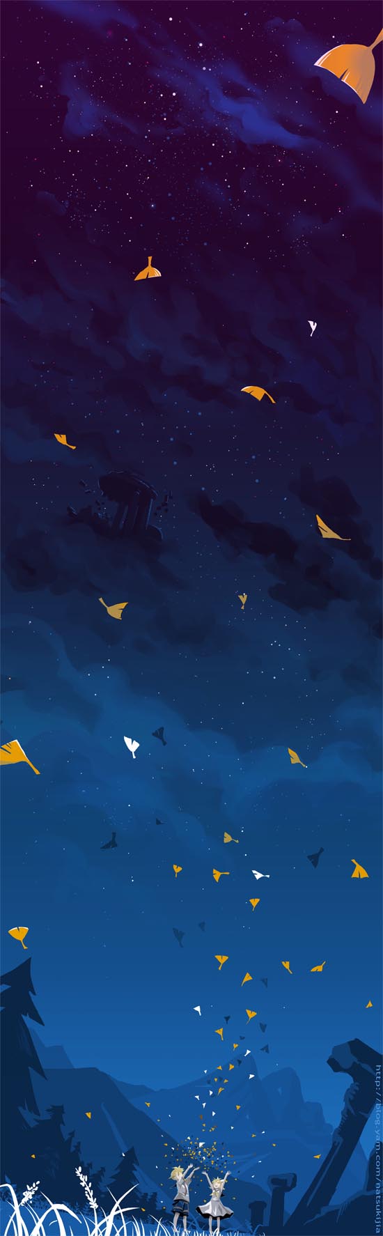 jia, natsukijia, kagamine len, kagamine rin, vocaloid, bad id, bad pixiv id, highres, long image, tall image, 1boy, 1girl, blonde hair, brother and sister, dress, leaf, necktie, short hair, shorts, siblings, sky, twins