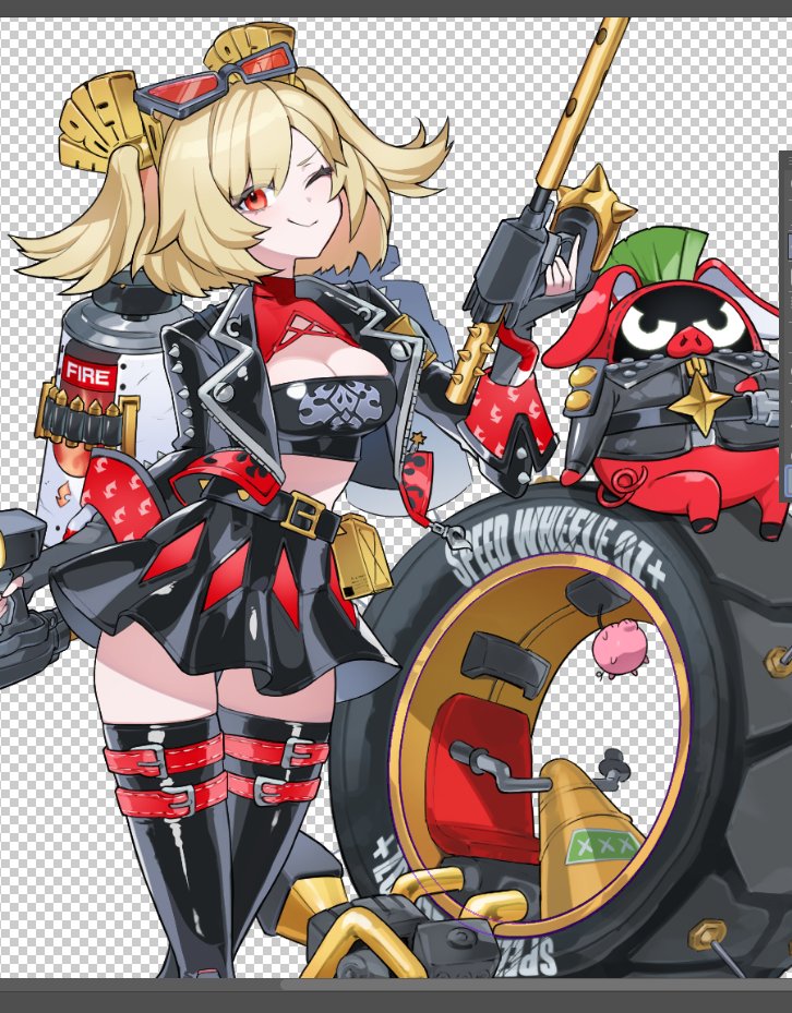bangboo (zenless zone zero), burnice white, zenless zone zero, commentary request, 1girl, black jacket, black skirt, black thighhighs, blonde hair, boots, breasts, flamethrower, jacket, large breasts, looking at viewer, muten q, one eye closed, pleated skirt, red eyes, short twintails, skirt, sunglasses, thigh boots, thighhighs, twintails, weapon