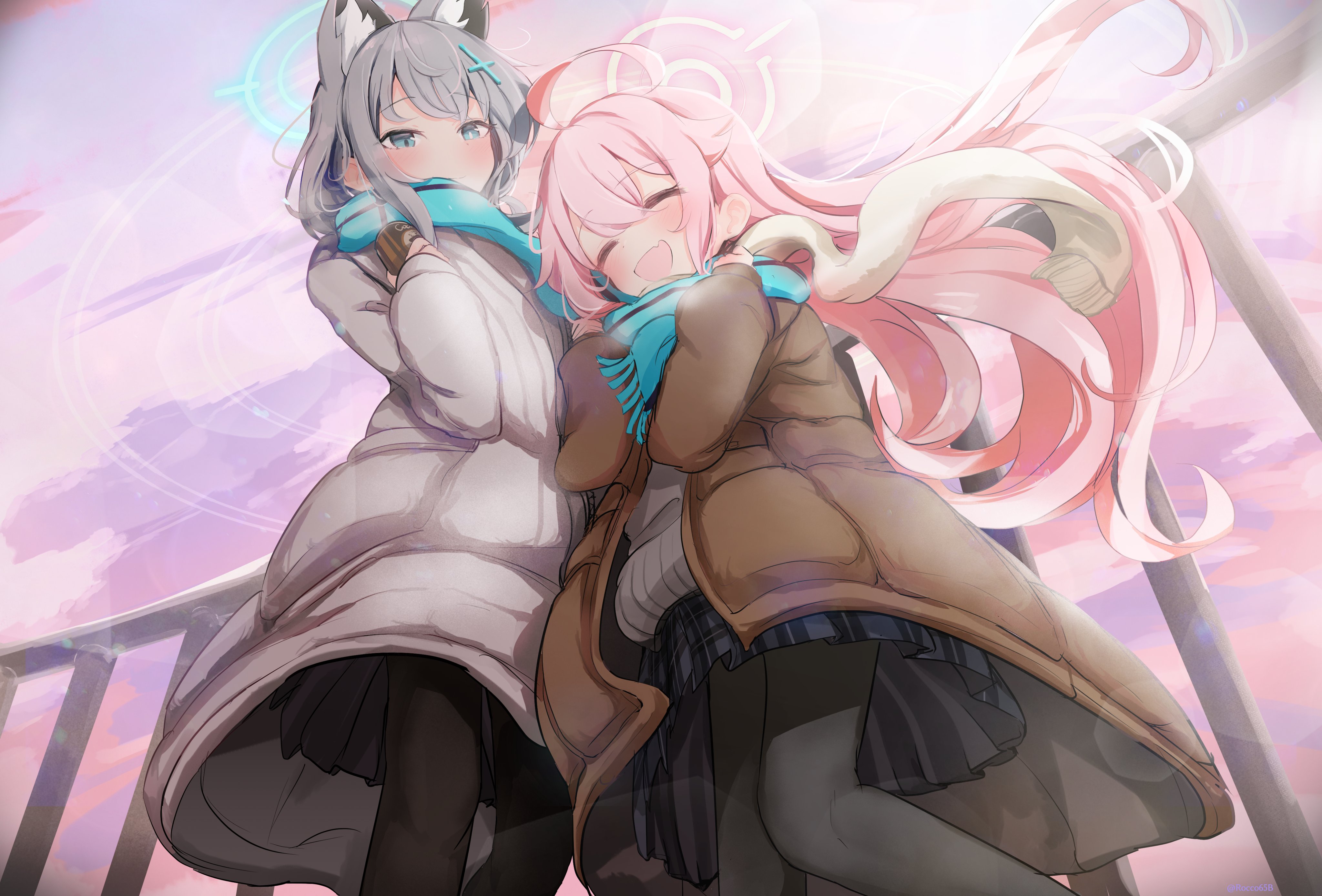 sakurano rocco, hoshino (blue archive), shiroko (blue archive), blue archive, absurdres, commentary request, highres, 2girls, = =, ahoge, black pantyhose, black skirt, blue eyes, blue halo, blue scarf, brown coat, can, canned coffee, closed eyes, closed mouth, cloud, coat, cropped legs, cross hair ornament, double-parted bangs, drink can, fang, from below, grey hair, hair between eyes, hair ornament, halo, hands up, holding, holding can, long hair, long sleeves, looking at viewer, medium hair, mismatched pupils, multiple girls, open clothes, open coat, open mouth, outdoors, pantyhose, pink hair, pink halo, plaid clothes, plaid skirt, railing, scarf, shared clothes, shared scarf, skin fang, skirt, smile, white coat, white scarf, wolf girl