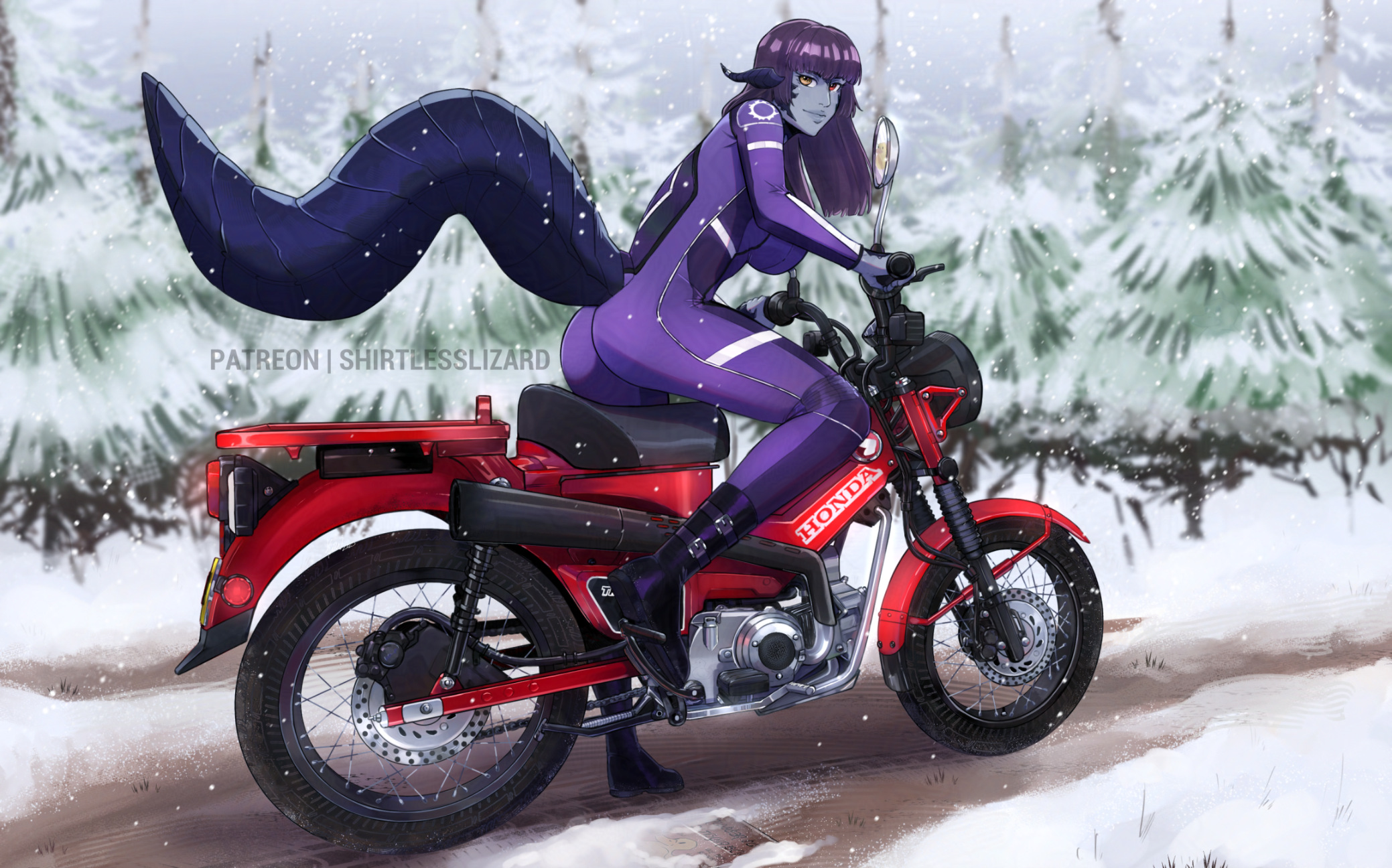 warrior of light (ff14), final fantasy, final fantasy xiv, honda, kickstarter, commentary, english commentary, highres, 1girl, au ra, bodysuit, breasts, heterochromia, honda super cub, large breasts, motor vehicle, motorcycle, on motorcycle, purple bodysuit, ruri moth (vtuber), shirtlesslizard, snow, snowing, thick tail