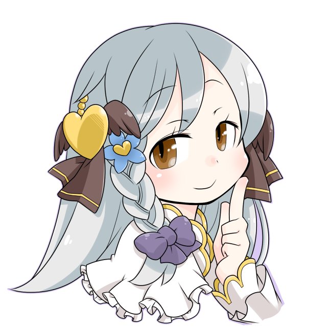 arch bishop (ragnarok online), ragnarok online, commentary request, 1girl, blue flower, blush, bow, braid, brown bow, brown eyes, closed mouth, dress, flower, frilled dress, frills, grey hair, hair bow, hair flower, hair ornament, index finger raised, long hair, looking at viewer, oekakipikki, official alternate costume, portrait, purple bow, side braid, simple background, single braid, smile, solo, white background, white dress