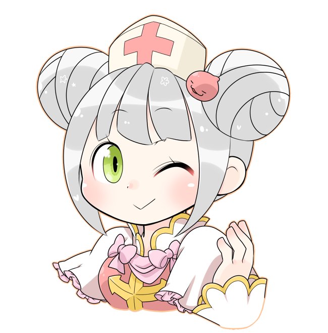 arch bishop (ragnarok online), poring, ragnarok online, commentary request, 1girl, blush, closed mouth, cross, double bun, dress, frilled dress, frills, green eyes, hair bun, hand up, hat, looking at viewer, nurse cap, oekakipikki, official alternate costume, one eye closed, pink dress, portrait, red cross, short hair, simple background, smile, solo, two-tone dress, upper body, white background, white dress, white hat