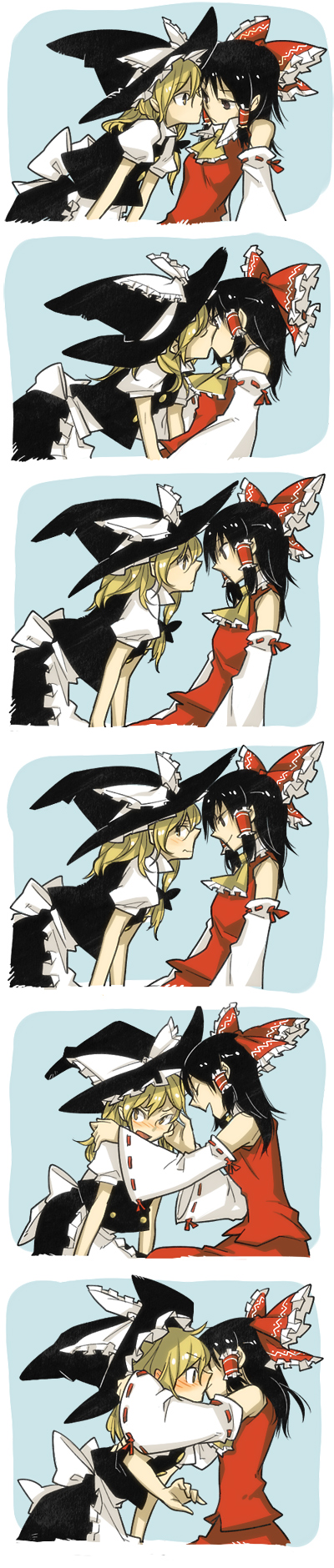 nakatani, hakurei reimu, kirisame marisa, touhou, highres, long image, tall image, 2girls, black hair, blonde hair, blush, bow, brown eyes, comic, detached sleeves, female focus, hat, japanese clothes, kiss, miko, multiple girls, profile, short hair, silent comic, sitting, smile, unworn hat, unworn headwear, witch, witch hat, yellow eyes, yuri