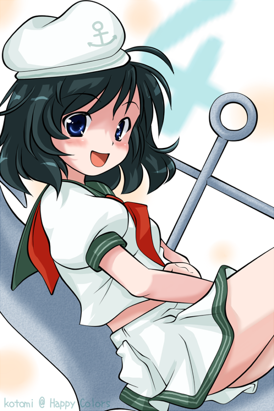 kotomi (artist), kotomi (happy colors), murasa minamitsu, touhou, 1girl, anchor, black hair, blue eyes, female focus, ghost, happy, hat, sailor, sailor collar, short hair, smile, solo