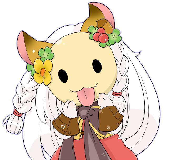 summoner (ragnarok online), ragnarok online, commentary request, 1girl, animal ears, bow, bowtie, brown bow, brown bowtie, cat ears, cat girl, clover hair ornament, dress, four-leaf clover hair ornament, hair ornament, long hair, mask, masked, oekakipikki, red dress, simple background, solo, twintails, upper body, white background, white hair