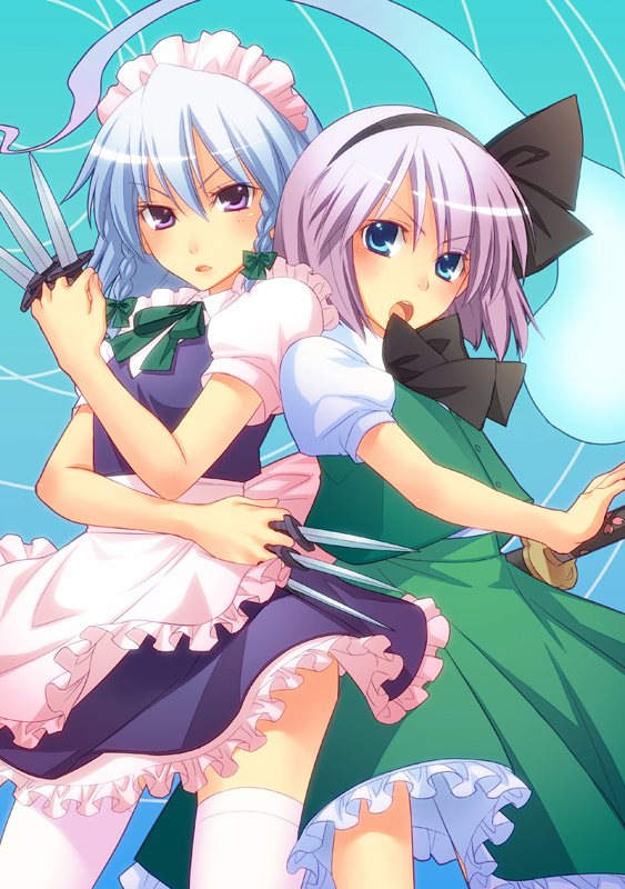 kyasurei, takahina, izayoi sakuya, konpaku youmu, konpaku youmu (ghost), touhou, silver hair, bad id, bad pixiv id, 2girls, apron, blue eyes, braid, female focus, ghost, hairband, katana, knife, maid, maid apron, maid headdress, multiple girls, purple eyes, short hair, sword, thighhighs, throwing knife, twin braids, weapon