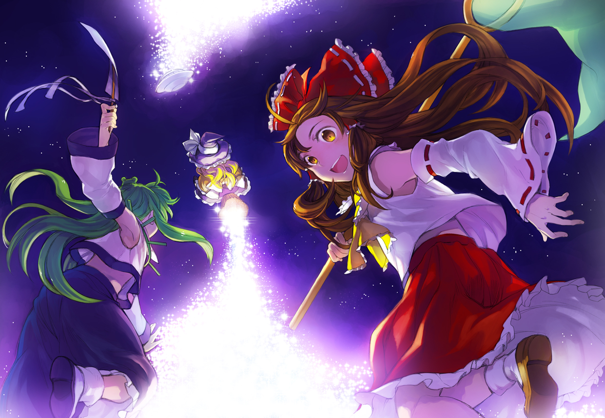 hakou (barasensou), hakurei reimu, kirisame marisa, kochiya sanae, touhou, undefined fantastic object, bad id, bad pixiv id, 3girls, artistic error, blonde hair, bow, broom, brown hair, butterfly net, detached sleeves, female focus, frog, green hair, hair ornament, hand net, hat, japanese clothes, long hair, miko, multiple girls, net, ufo, witch, witch hat, yellow eyes