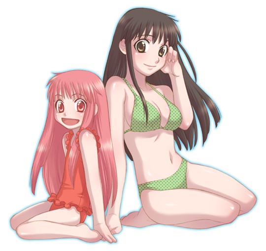 oumi megumi, tio (konjiki no gash!!), konjiki no gash!!, artist request, 00s, 2girls, barefoot, bikini, black hair, breasts, brown hair, feet, flat chest, green bikini, large breasts, long hair, multiple girls, pink hair, simple background, smile, swimsuit, white background