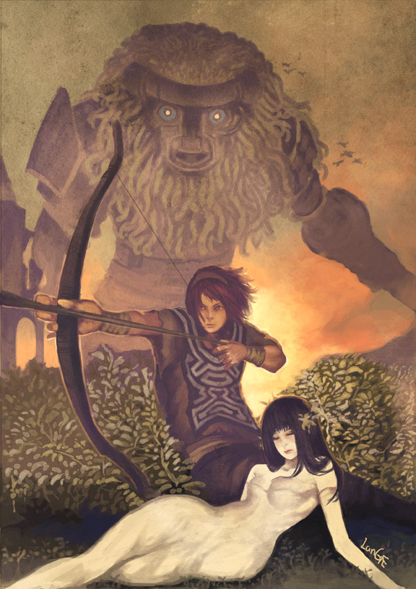 langewong, mono (shadow of the colossus), wander (shadow of the colossus), shadow of the colossus, 1boy, 1girl, arrow (projectile), bow (weapon), drawing bow, holding, holding bow (weapon), holding weapon, orange sky, outdoors, skin tight, sky, surcoat, torn clothes, torn sleeves, v-shaped eyebrows, weapon