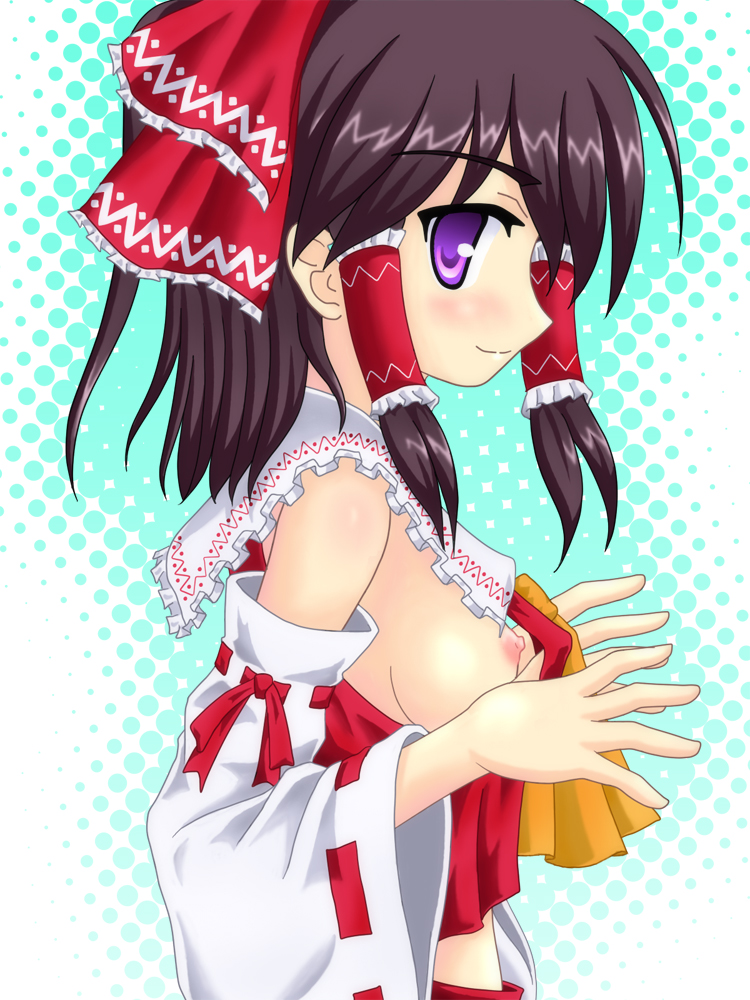noveske n4, hakurei reimu, touhou, bad id, bad pixiv id, 1girl, blush, bow, breasts, brown hair, detached sleeves, female focus, hair bow, nipples, no bra, purple eyes, purple hair, sideboob, smile, solo