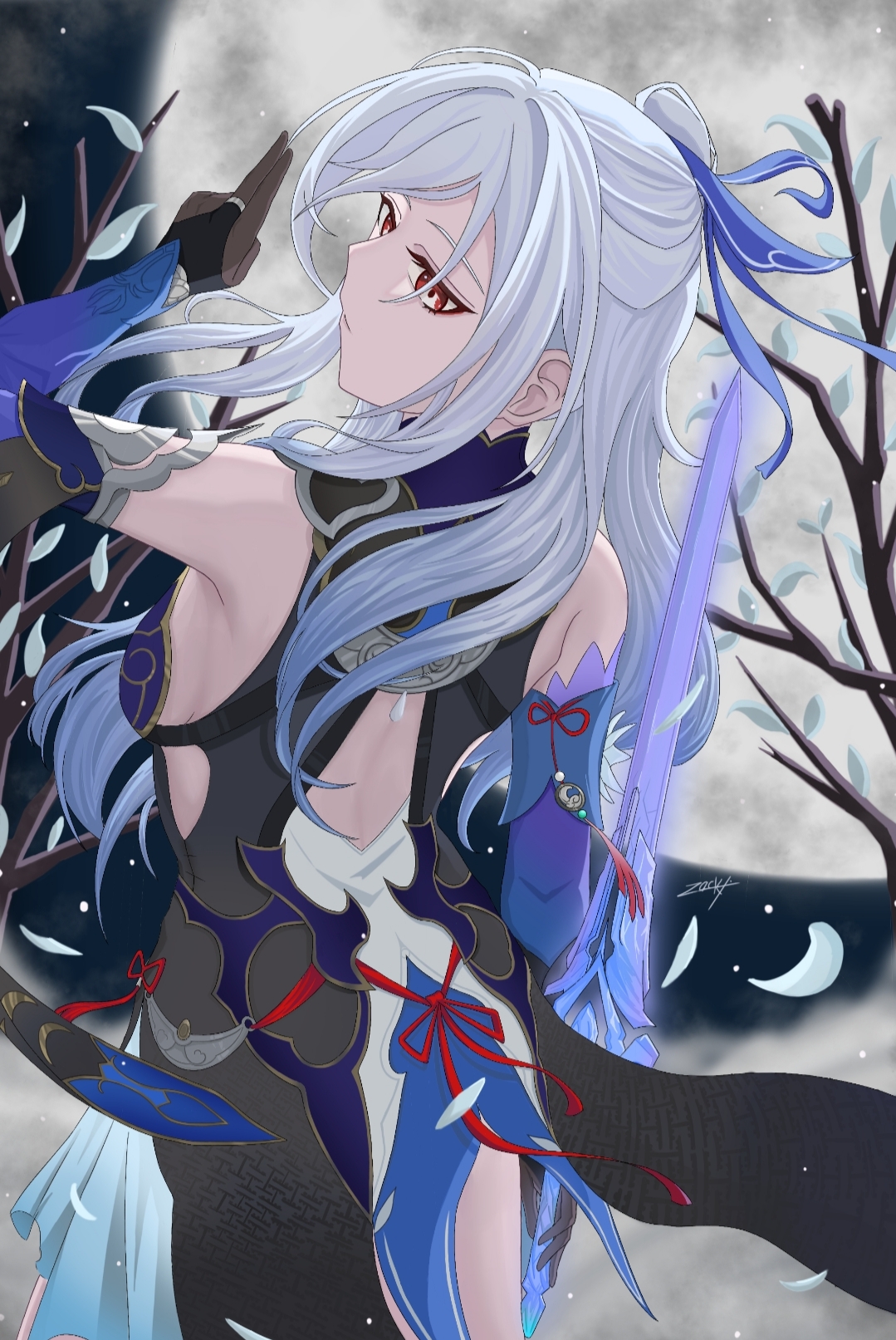 jingliu (honkai: star rail), honkai: star rail, honkai (series), mihoyo, original, commentary, english commentary, highres, non-web source, lightsong, moon, red eyes, tree, white hair