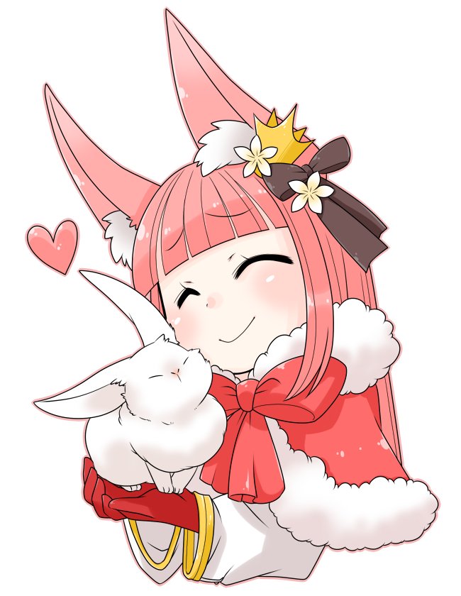warlock (ragnarok online), ragnarok online, commentary request, 1girl, animal, animal ears, blunt bangs, blush, bow, brown bow, cape, closed eyes, closed mouth, crown, fox ears, fox girl, fur-trimmed cape, fur trim, gloves, hair bow, heart, holding, holding animal, holding rabbit, long hair, mini crown, oekakipikki, official alternate costume, pink hair, rabbit, red cape, red gloves, simple background, smile, solo, upper body, white background