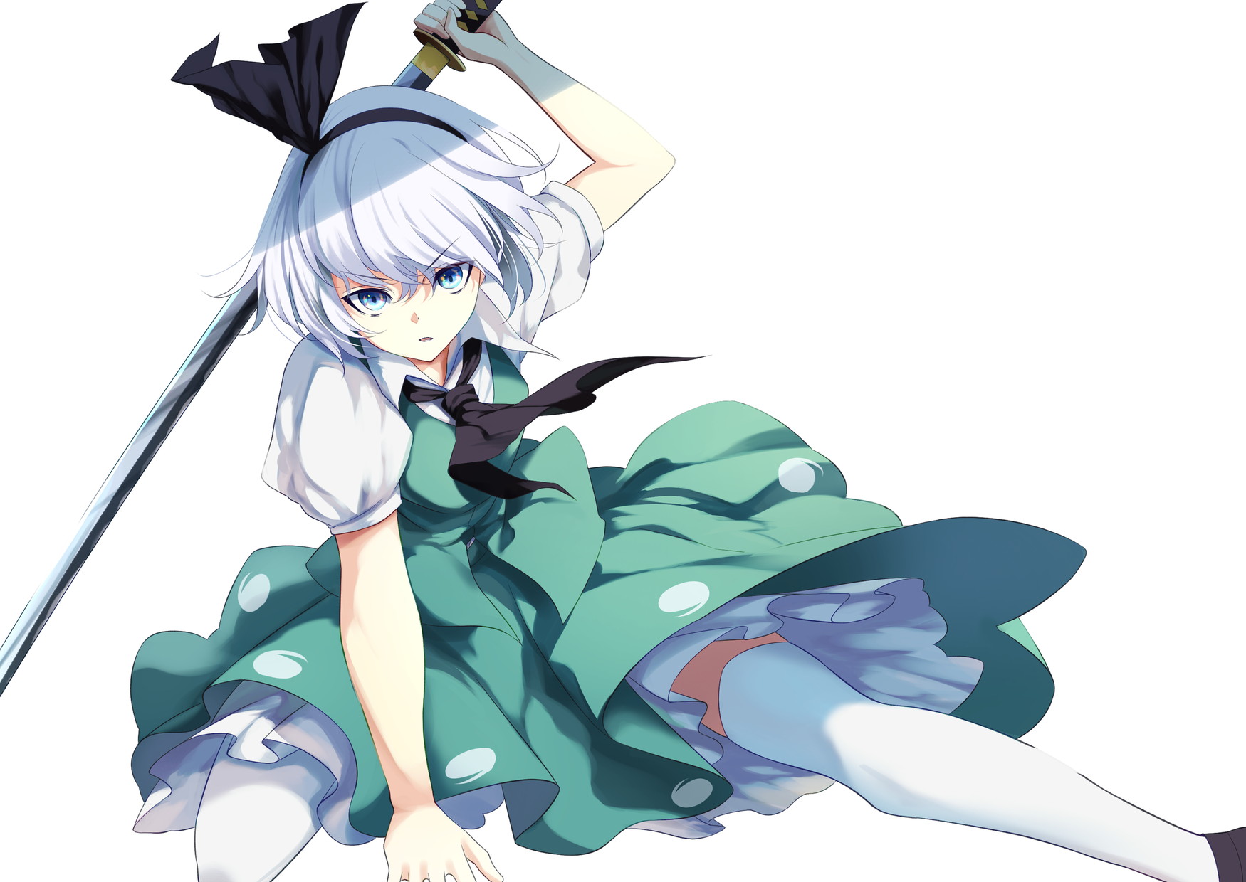 wakadori1234, konpaku youmu, touhou, commentary request, highres, 1girl, arm up, ascot, black ascot, black hairband, blue eyes, collared shirt, dress, foot out of frame, green dress, hairband, holding, holding behind back, holding sword, holding sword behind back, holding weapon, holding weapon behind back, katana, legs apart, looking at viewer, on one knee, parted lips, puffy short sleeves, puffy sleeves, shirt, short hair, short sleeves, simple background, solo, sword, thighhighs, weapon, white background, white hair, white shirt, white thighhighs