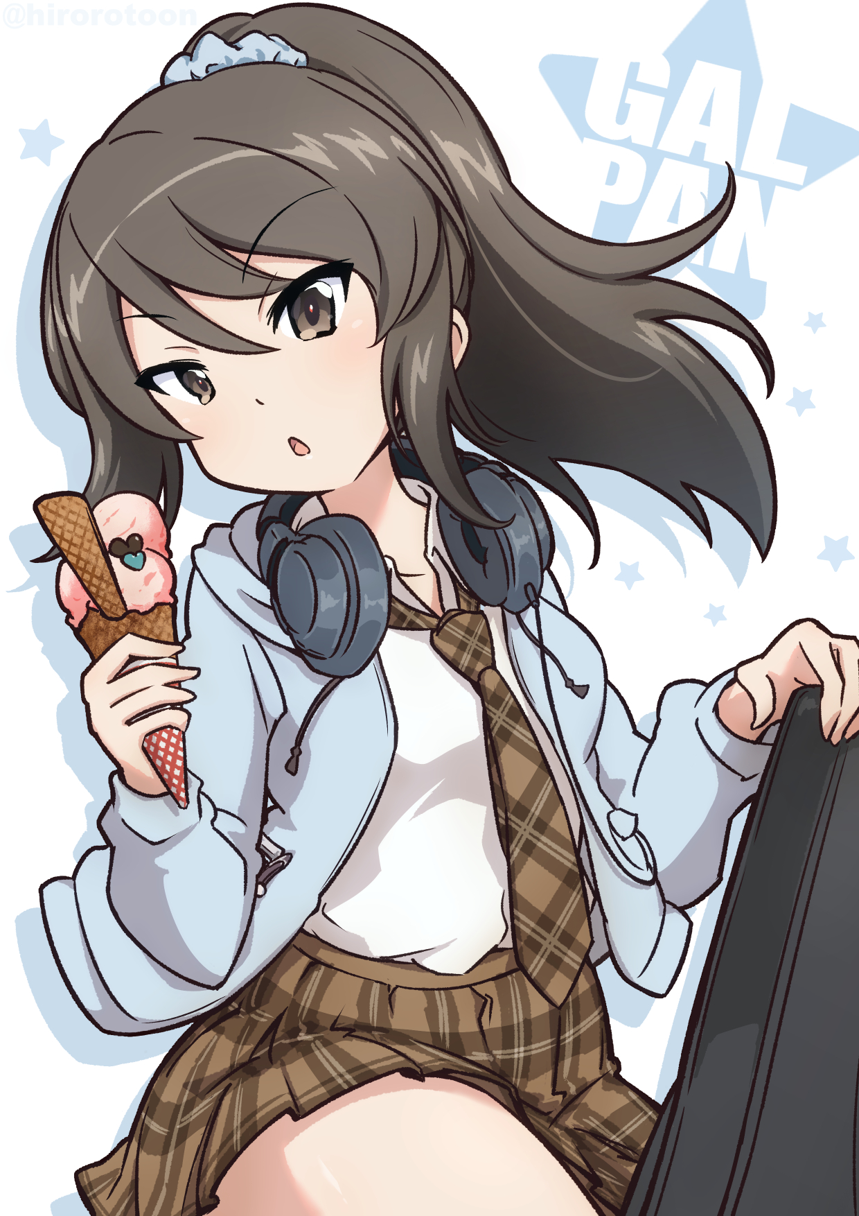 ehirorotoon, mika (girls und panzer), girls und panzer, commentary, highres, 1girl, alternate costume, alternate hairstyle, blue hoodie, blue scrunchie, brown eyes, brown hair, brown necktie, brown skirt, drawstring, dress shirt, food, hair ornament, hair scrunchie, hair up, headphones, headphones around neck, holding, holding food, hood, hood down, hoodie, ice cream cone, long hair, long sleeves, looking at viewer, miniskirt, necktie, no headwear, open clothes, open hoodie, open mouth, plaid clothes, plaid necktie, plaid skirt, pleated skirt, ponytail, school uniform, scrunchie, shirt, sitting, skirt, solo, white shirt, wing collar