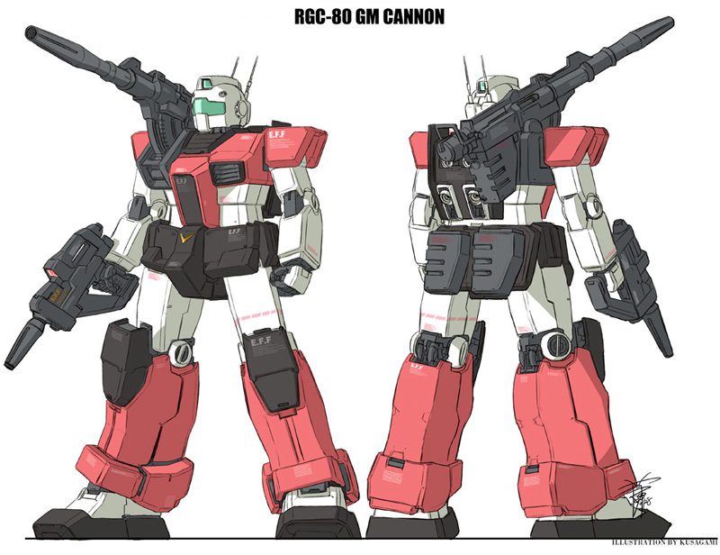 kusagami style, gm (mobile suit), gm cannon, gundam, gundam msv, mobile suit gundam, bad id, bad pixiv id, beam rifle, cannon, energy gun, gun, mecha, mecha focus, no humans, reference sheet, robot, simple background, solo, weapon