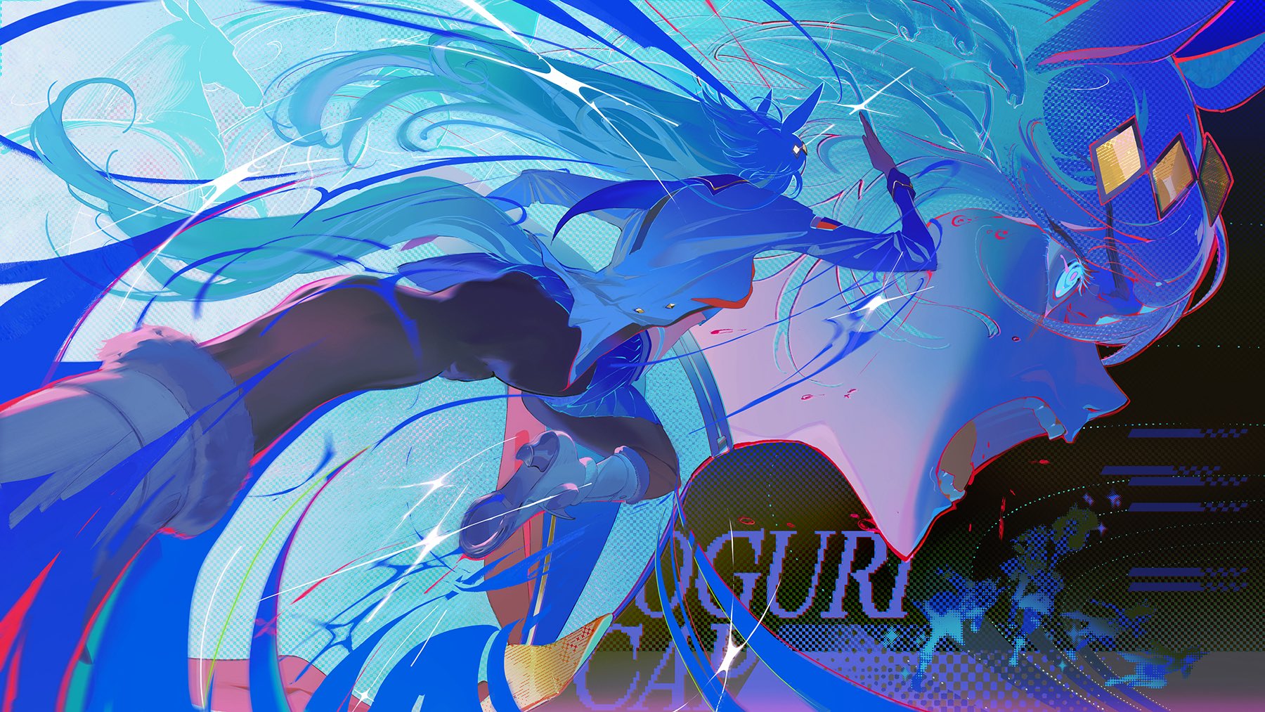 pixiescout, oguri cap (starlight beat) (umamusume), oguri cap (umamusume), umamusume, umamusume: cinderella gray, commentary, highres, symbol-only commentary, ahoge, animal ears, black leggings, blue eyes, blue sailor collar, boots, brooch, ear ornament, grey hair, grey tail, hair between eyes, hair ornament, hairband, horse ears, horse girl, horse tail, jacket, jewelry, leggings, long hair, long sleeves, multiple girls, neckerchief, open mouth, red neckerchief, running, sailor collar, shirt, skirt, star brooch, tail, teeth, white boots, white jacket, white shirt