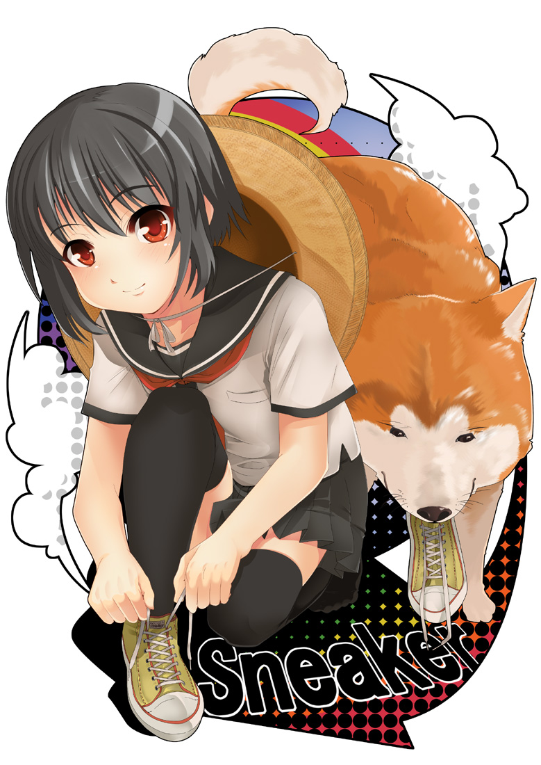 aasara, tosarayama, bad id, bad pixiv id, black hair, blush, dog, hat, red eyes, school uniform, shoes, short hair, single shoe, skirt, smile, sneakers, solo, straw hat, thighhighs, zettai ryouiki
