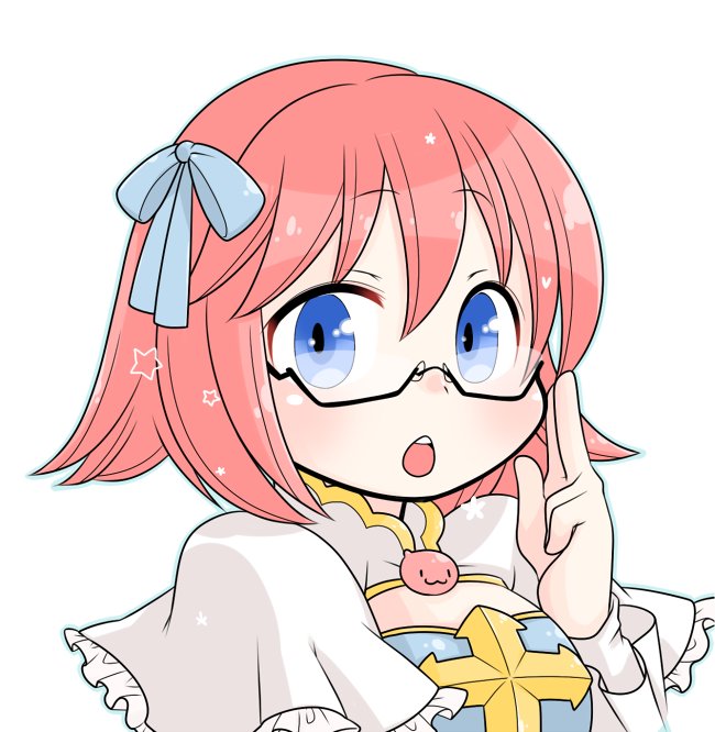 arch bishop (ragnarok online), poring, ragnarok online, commentary request, 1girl, black-framed eyewear, blue bow, blue dress, blue eyes, blush, bow, brooch, cleavage cutout, clothing cutout, cross, dress, glasses, hair bow, jewelry, looking at viewer, oekakipikki, open mouth, pink hair, portrait, semi-rimless eyewear, short hair, simple background, solo, two-tone dress, under-rim eyewear, upper body, white background, white dress