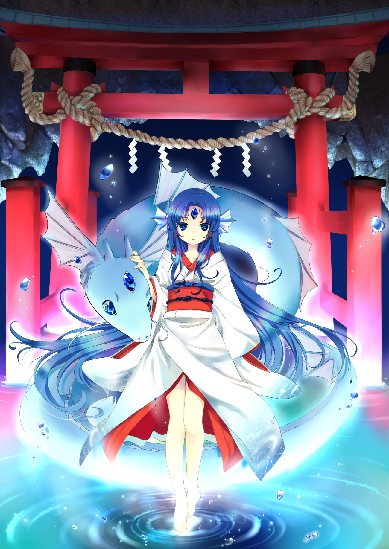 hanabana tsubomi, original, highres, 1girl, barefoot, blue eyes, blue hair, dragon, fins, floating, forehead jewel, head fins, japanese clothes, kimono, long hair, obi, ripples, rope, sash, shide, shimenawa, standing, standing on liquid, third eye, torii, very long hair, water, water drop