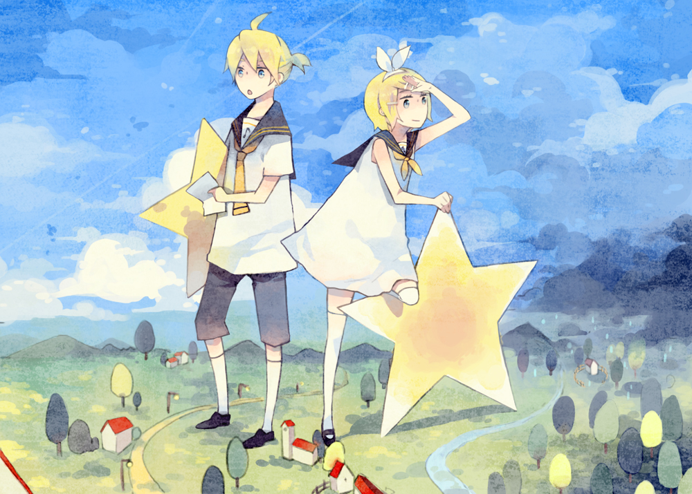 mig (36th underground), kagamine len, kagamine rin, gemini (vocaloid), vocaloid, bad id, bad pixiv id, 1boy, 1girl, blonde hair, blue eyes, brother and sister, day, dress, giant, giantess, hair ornament, hair ribbon, hairclip, multiple giants, ribbon, short dress, short hair, siblings, sky, star (symbol), twins