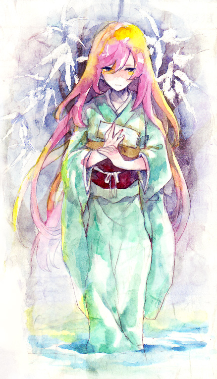 nayuko, megurine luka, vocaloid, bad id, bad pixiv id, painting (medium), traditional media, watercolor (medium), 1girl, aqua eyes, colorful, female focus, japanese clothes, kimono, long hair, pink hair, snow, solo