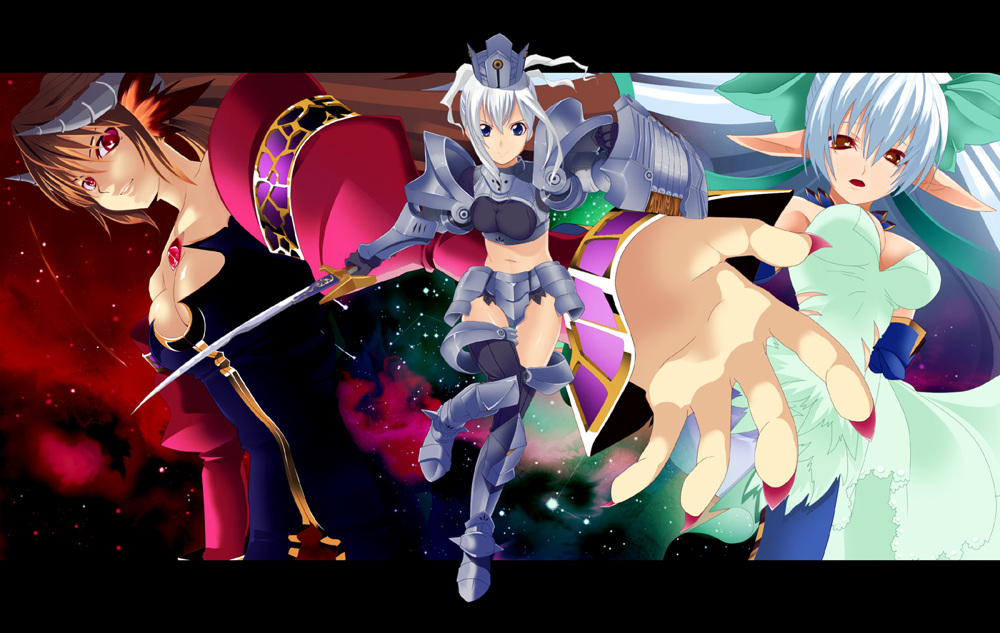aasara, tosarayama, cadena, selene (lucent heart), theia, lucent heart, black legwear, bad id, bad pixiv id, 3girls, armor, blue eyes, bow, breastplate, breasts, brown eyes, brown hair, chest jewel, cleavage, clothing cutout, crown, demon girl, detached sleeves, dress, fantasy, faulds, fighting stance, fingernails, floating hair, foreshortening, gauntlets, gem, gloves, greaves, hair between eyes, hair bow, hat, head wings, high ponytail, holding, holding weapon, horns, leg lift, letterboxed, light smile, long fingernails, long pointy ears, looking at viewer, medium breasts, midriff, multiple girls, nail (hardware), nail polish, navel, open mouth, outside border, outstretched arm, outstretched hand, parted lips, pauldrons, pointy ears, ponytail, puffy detached sleeves, puffy sleeves, purple nails, red eyes, sharp fingernails, shield, shoulder armor, shoulder pads, side cutout, sidelocks, sky, smile, space, star (sky), star (symbol), starry sky, sword, thighhighs, vambraces, weapon, white hair, wings, zettai ryouiki