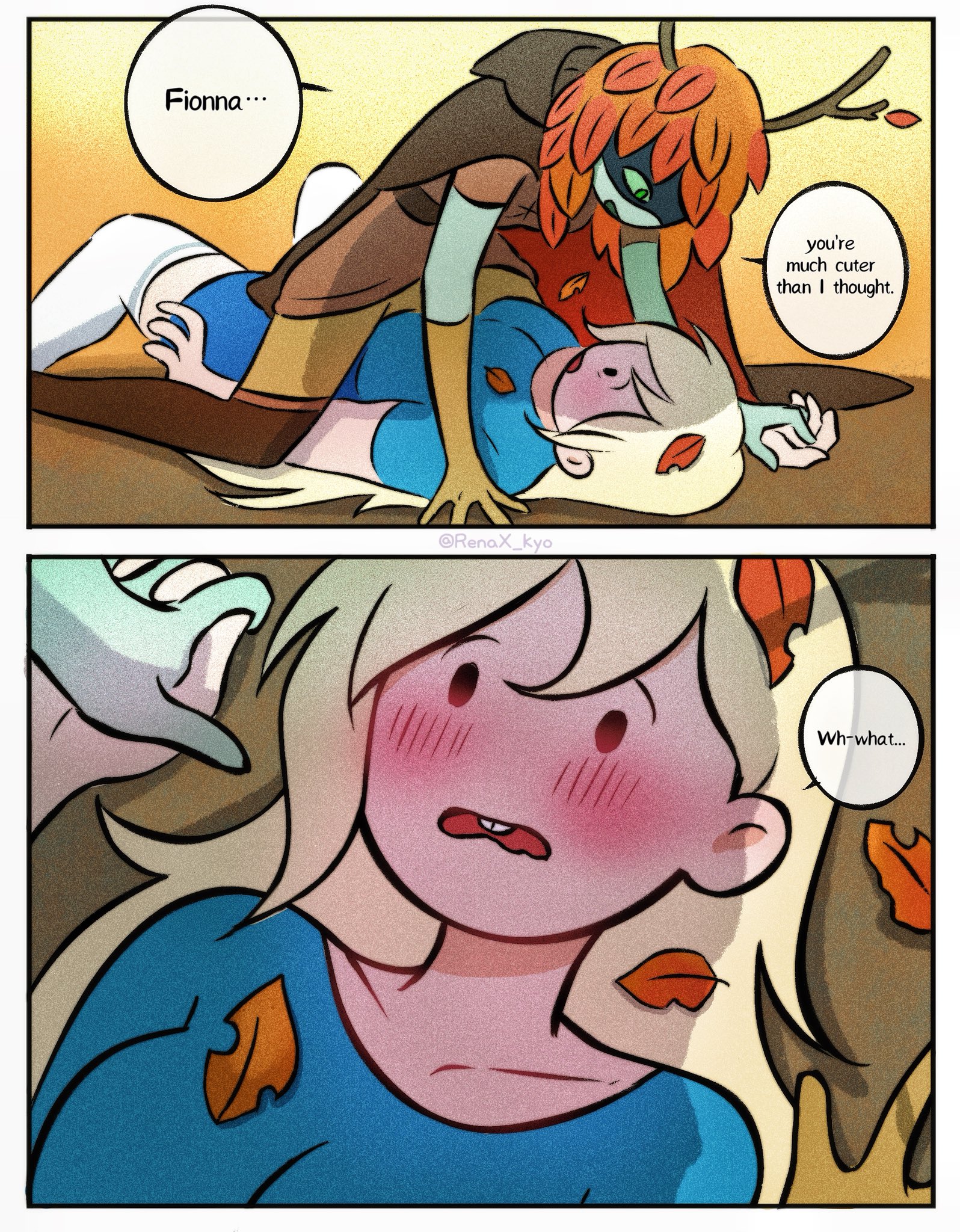 fionna campbell, huntress wizard, adventure time, adventure time: fionna and cake, artist request, 2girls, blonde-haired female, blonde hair, branch horns, leaf, leaf on head, multiple girls, yuri