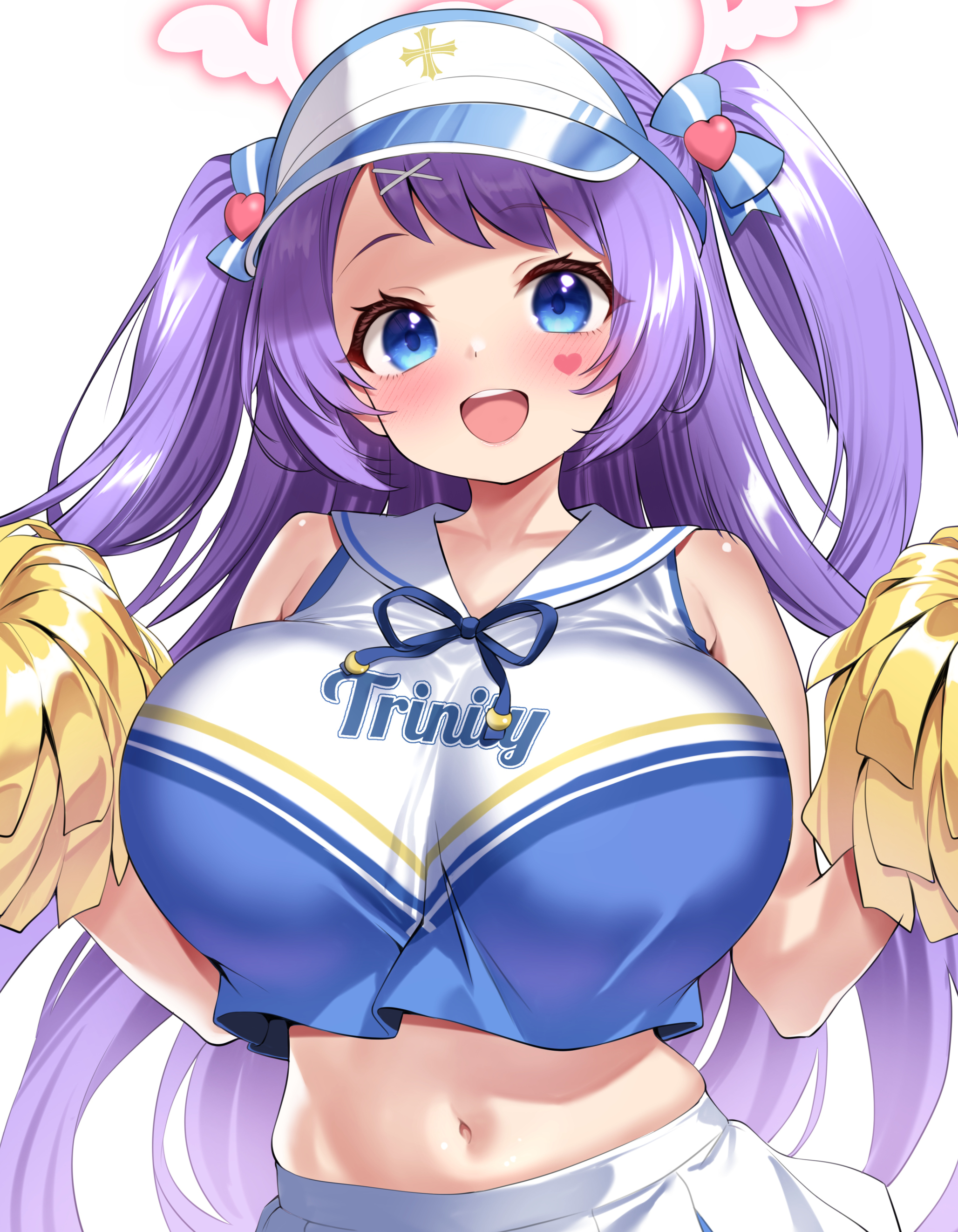 moredetale, hanae (blue archive), hanae (cheer squad) (blue archive), blue archive, 1girl, blue eyes, blush, dress, english text, hair ribbon, halo, heart, heart tattoo, large areolae, looking at viewer, miniskirt, navel, pom pom (cheerleading), purple dress, ribbon, simple background, skirt, solo, tattoo, twintails, upper body, white background
