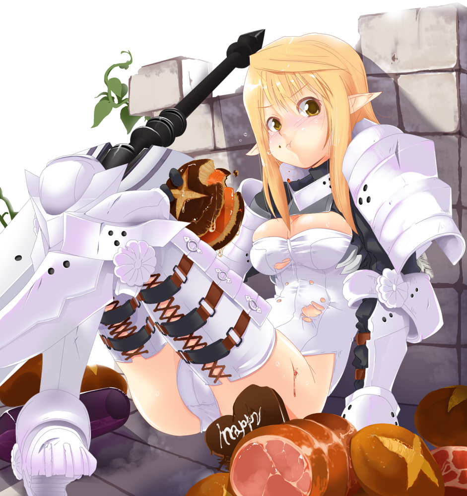 aasara, tosarayama, fantasy earth zero, 1girl, armor, blonde hair, blush, bread, breasts, brown eyes, cheese, chocolate, cleavage, eating, elf, female focus, food, gauntlets, greaves, heart, huge weapon, long hair, meat, pauldrons, pointy ears, shoulder armor, shoulder pads, solo, sword, thighhighs, torn clothes, weapon, white thighhighs