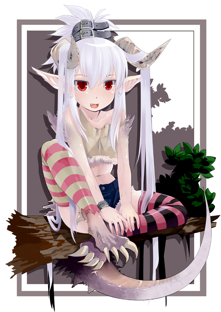 aasara, tosarayama, bad id, bad pixiv id, 1girl, albino, asymmetrical legwear, belt, denim, denim shorts, dragon, dragon girl, fang, female focus, horns, long hair, midriff, mismatched legwear, monster girl, pointy ears, red eyes, shorts, sitting, slit pupils, solo, strap slip, striped clothes, striped thighhighs, tail, thighhighs, white hair