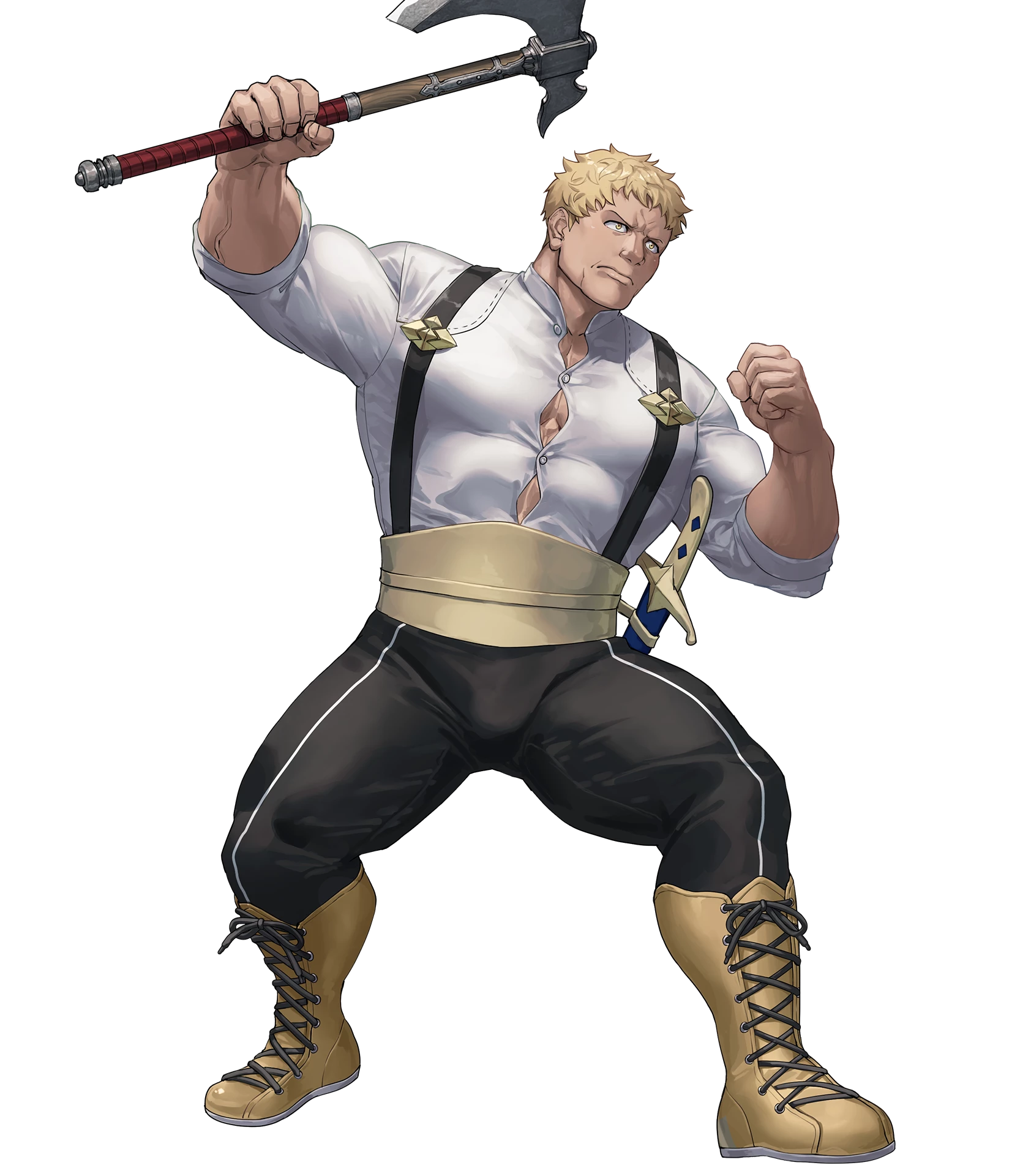 raphael kirsten, fire emblem, fire emblem: three houses, fire emblem heroes, nintendo, highres, non-web source, official art, 1boy, attack, axe, blonde hair, garreg mach monastery uniform, giant, holding, holding axe, muscular, muscular male, solo, v-shaped eyebrows, yellow eyes