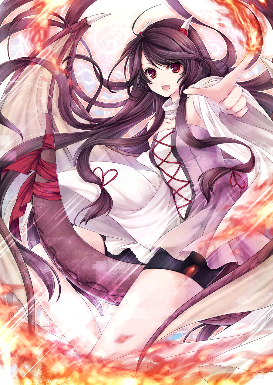 hagiwara rin, original, bad id, bad pixiv id, highres, 1girl, brown hair, dragon girl, dragon wings, female focus, fire, horns, long hair, monster girl, red eyes, ribbon, solo, tail, tail ornament, tail ribbon, wings