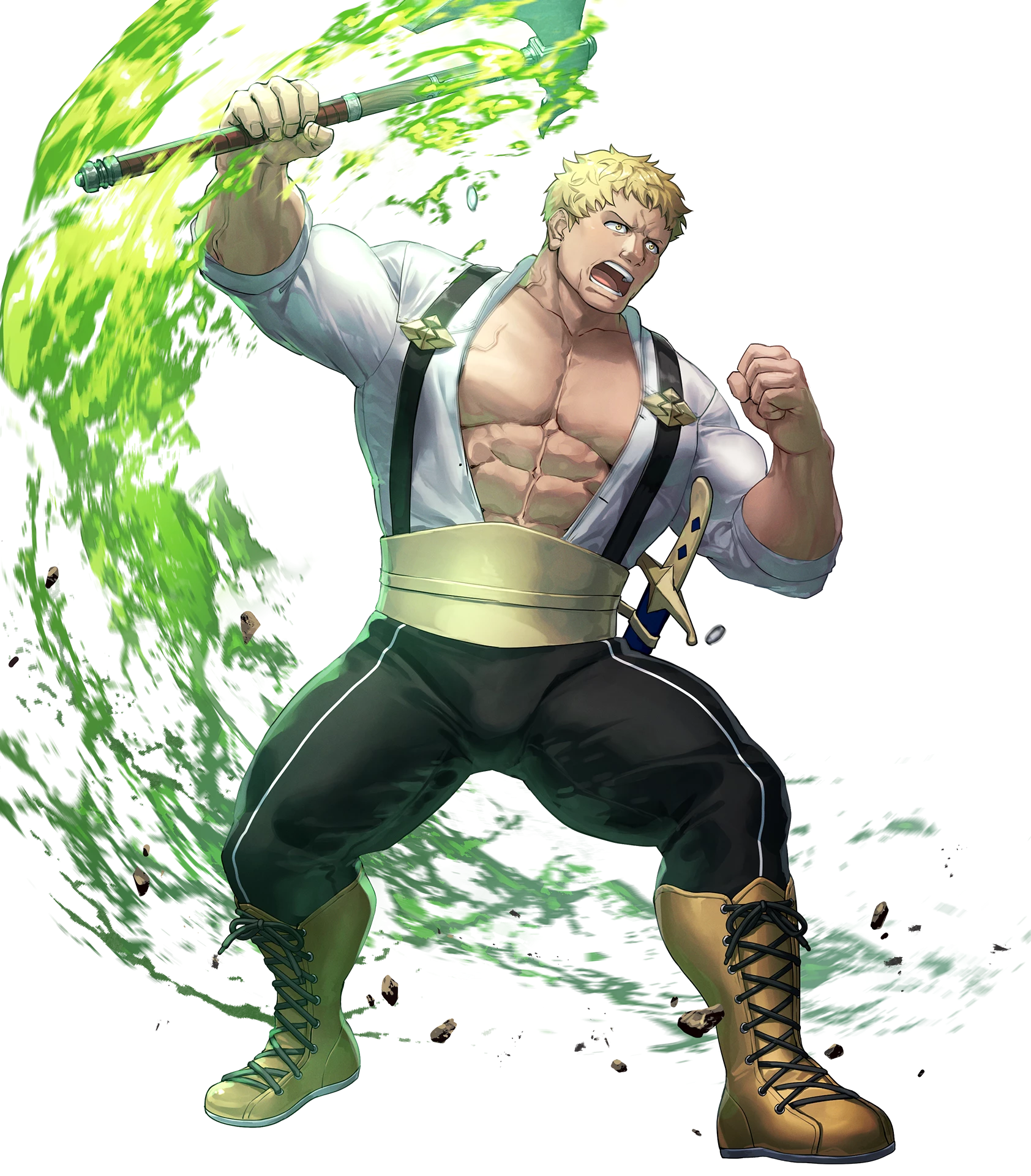 raphael kirsten, fire emblem, fire emblem: three houses, fire emblem heroes, nintendo, highres, non-web source, official art, 1boy, abs, attack, axe, blonde hair, fire, flaming weapon, garreg mach monastery uniform, giant, green fire, holding, holding axe, muscular, muscular male, open clothes, open mouth, open shirt, solo, v-shaped eyebrows, weapon, yellow eyes
