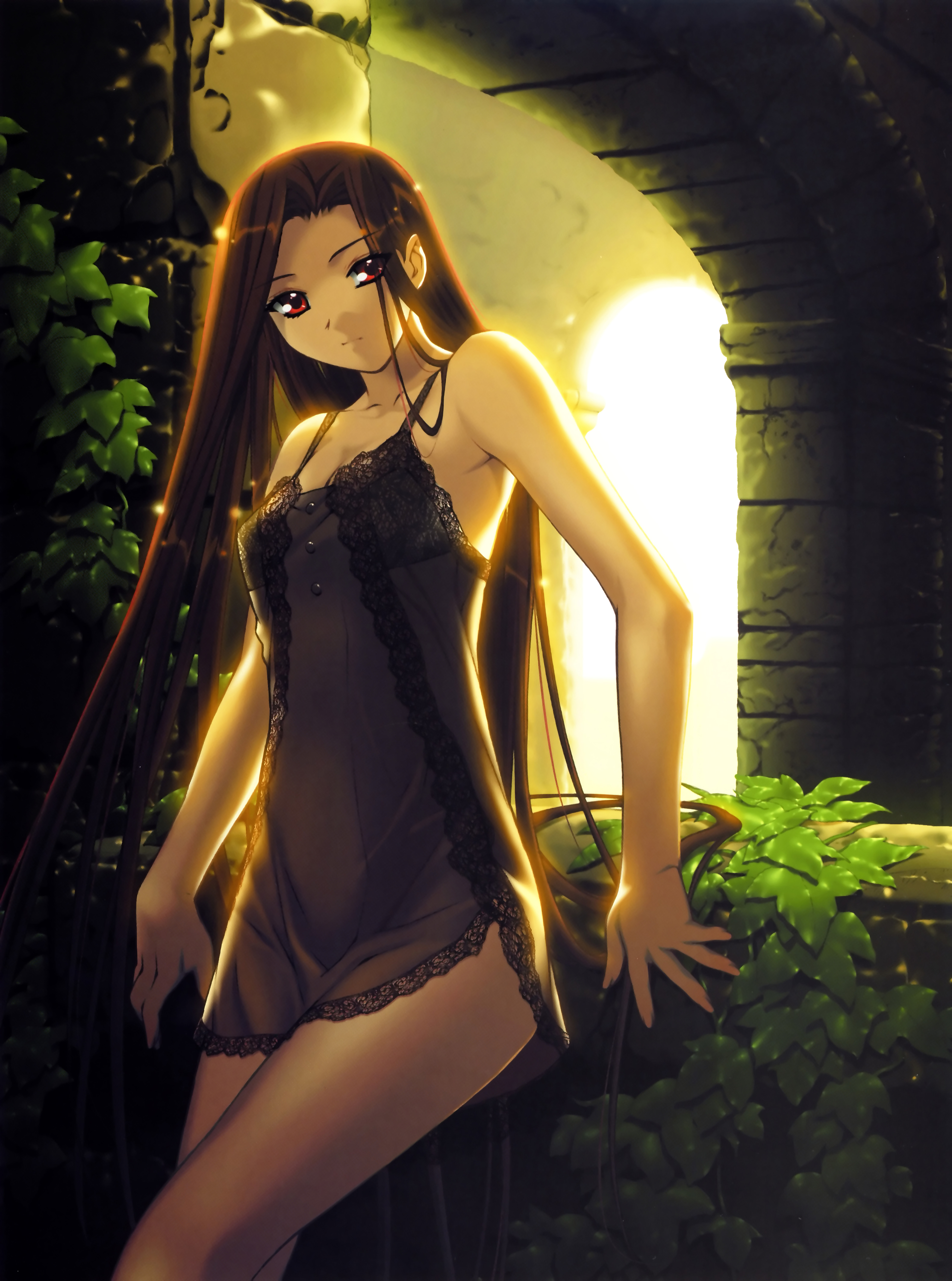 ino (magloid), kiryuu iyori, izayoi no hanayome, absurdres, highres, 1girl, backlighting, bare shoulders, brown hair, camisole, day, female focus, lingerie, long hair, negligee, plant, red eyes, solo, standing, underwear, very long hair