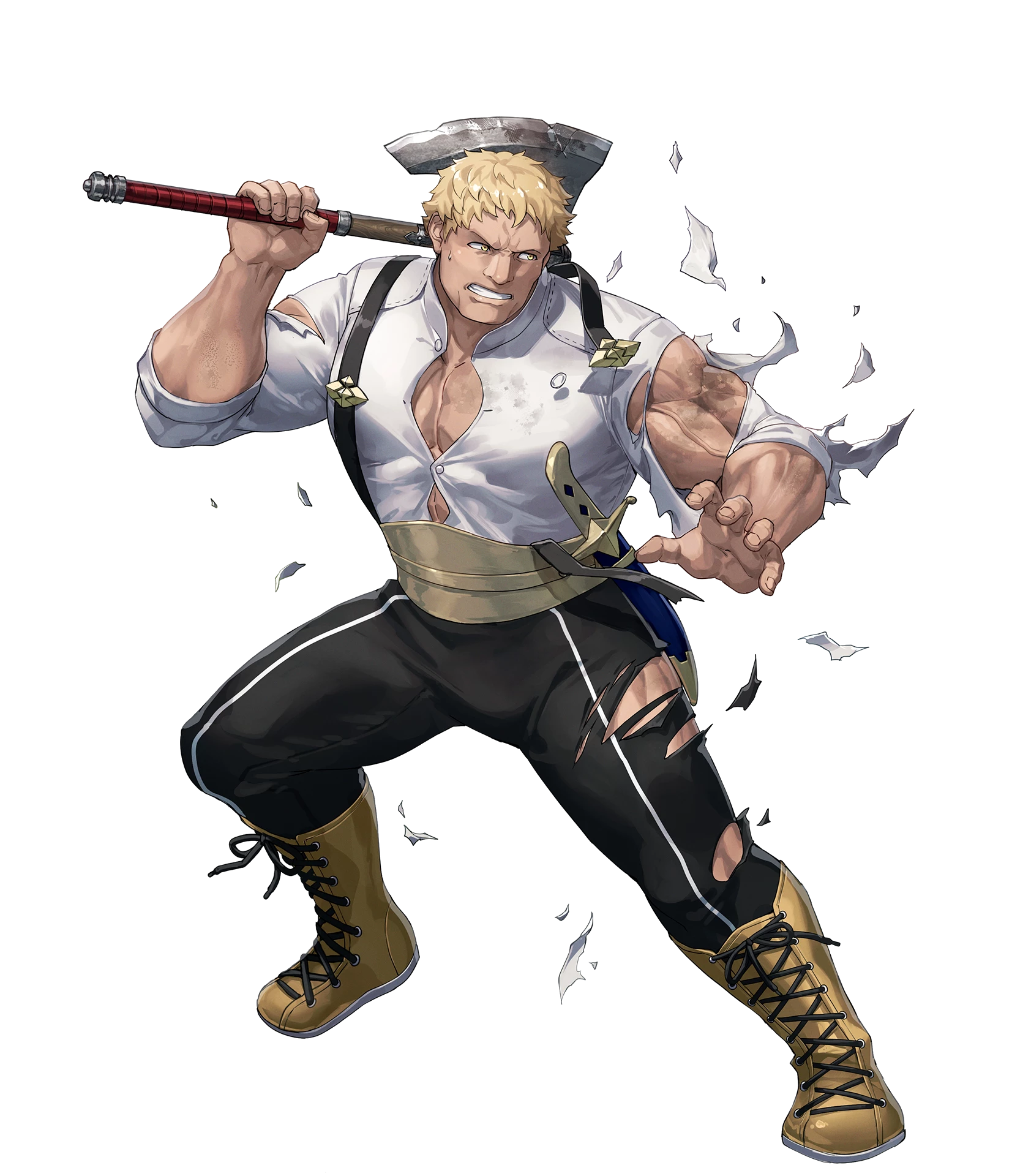 raphael kirsten, fire emblem, fire emblem: three houses, fire emblem heroes, nintendo, highres, non-web source, official art, 1boy, axe, blonde hair, clenched teeth, damaged, garreg mach monastery uniform, giant, holding, holding axe, muscular, muscular male, solo, teeth, torn clothes, yellow eyes