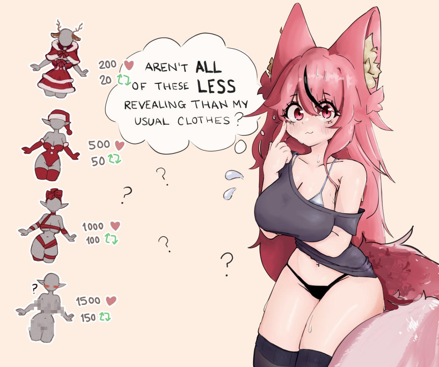 indie virtual youtuber, commentary, english commentary, 1girl, :3, animal ear fluff, animal ears, antlers, autsellia, autsellia (vtuber), black panties, black thighhighs, blush, bra, breasts, finger to face, fox ears, fox girl, fox tail, gloves, grey shirt, hat, horns, large breasts, like and retweet, midriff, navel, panties, pink hair, red eyes, red gloves, red thighhighs, reindeer antlers, revealing clothes, santa hat, shirt, single bare shoulder, single hair streak, speech bubble, sweat, tail, thighhighs, thought bubble, underwear, virtual youtuber, white bra