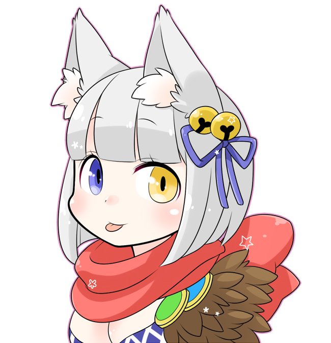 sorcerer (ragnarok online), ragnarok online, commentary request, 1girl, animal ear fluff, animal ears, bell, blue eyes, blue ribbon, blunt bangs, blush, bob cut, breasts, cleavage, closed mouth, fox ears, fox girl, fur collar, grey hair, hair ribbon, heterochromia, jingle bell, looking at viewer, medium breasts, oekakipikki, portrait, red scarf, ribbon, scarf, short hair, simple background, smile, solo, tongue, tongue out, white background, yellow eyes