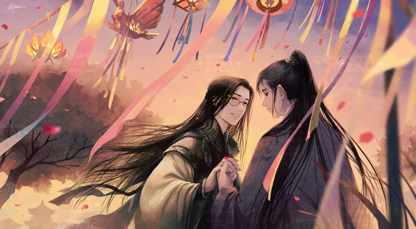 zelda c wang, commentary, english commentary, 2boys, artist name, autumn, black eyes, black hair, blurry, brown eyes, building, chang geng, chinese clothes, closed mouth, couple, depth of field, evening, grass, grey hanfu, gu yun, hanfu, high ponytail, holding hands, lantern, long hair, long sleeves, looking at another, male focus, monocle, multiple boys, open mouth, orange sky, outdoors, ponytail, robe, sha po lang, sky, smile, streamers, tree, watermark, wide sleeves, xiao guan (headdress), yaoi, yellow hanfu, yellow robe