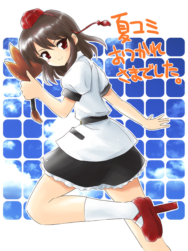 marugoshi (54burger), shameimaru aya, touhou, bad id, bad pixiv id, 1girl, brown hair, female focus, geta, hand fan, hat, looking at viewer, red eyes, short hair, solo, tengu-geta, tokin hat