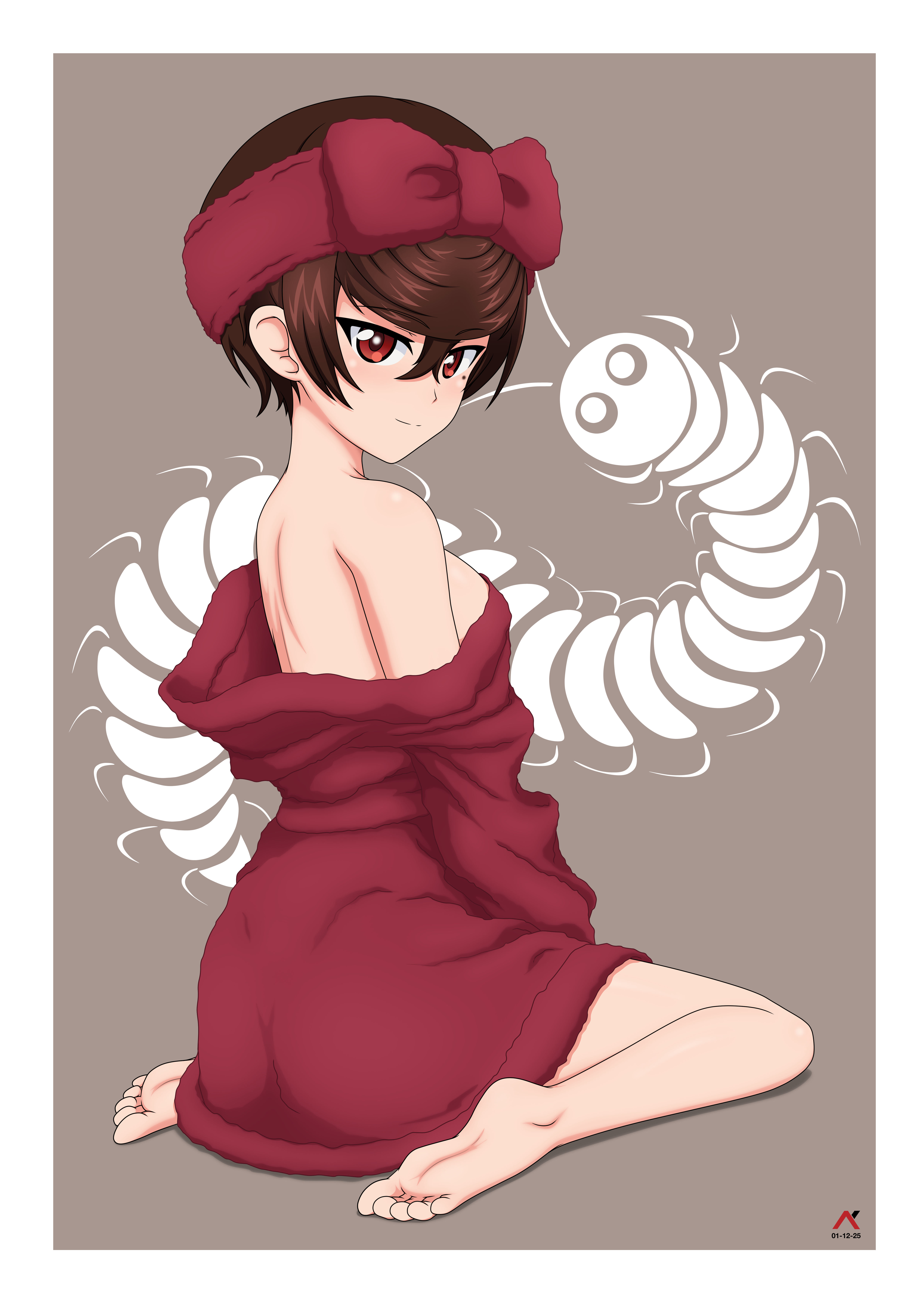 acrux, tsuruki shizuka, girls und panzer, girls und panzer ribbon no musha, absurdres, commentary, english commentary, highres, 1girl, artist logo, barefoot, bathrobe, bow, breasts, brown hair, bug, centipede, closed mouth, dated, from behind, full body, grey background, hair bow, headband, japanese clothes, logo, looking at viewer, looking back, medium breasts, off shoulder, red eyes, red headband, short hair, simple background, sitting, smile, solo, wariza