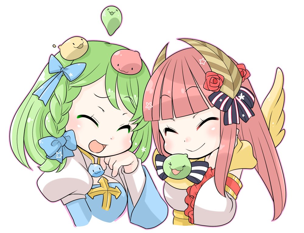 arch bishop (ragnarok online), drops (ragnarok online), poporing, poring, ragnarok online, commentary request, 2girls, :d, blue bow, blue dress, blunt bangs, blush, bow, braid, brown horns, closed eyes, closed mouth, dress, green hair, hair bow, horns, juliet sleeves, long hair, long sleeves, multiple girls, oekakipikki, open mouth, pink hair, puffy sleeves, scarf, side braid, simple background, single braid, slime (creature), smile, two-tone dress, upper body, white background, white dress, yellow scarf