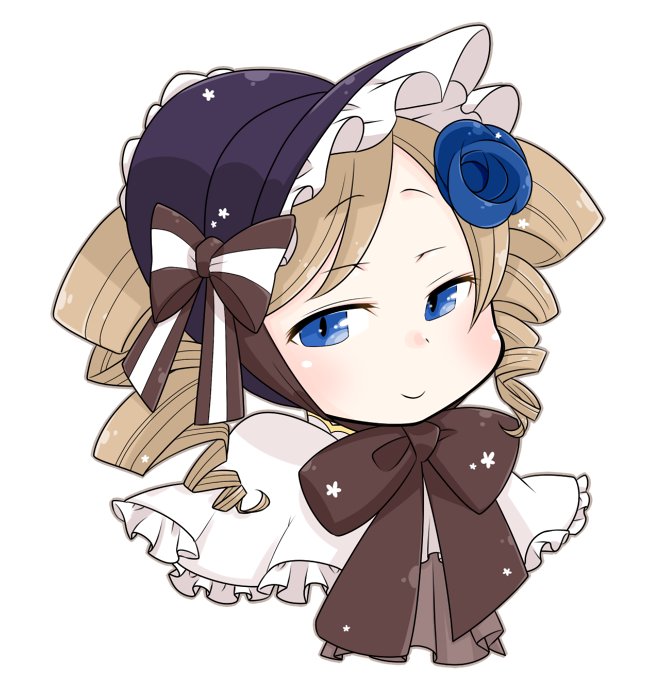 arch bishop (ragnarok online), ragnarok online, commentary request, 1girl, black bonnet, blue eyes, blush, bonnet, bow, bowtie, brown bow, brown bowtie, brown hair, closed mouth, dress, drill hair, frilled dress, frills, looking at viewer, medium hair, oekakipikki, portrait, simple background, smile, solo, twin drills, white background, white dress