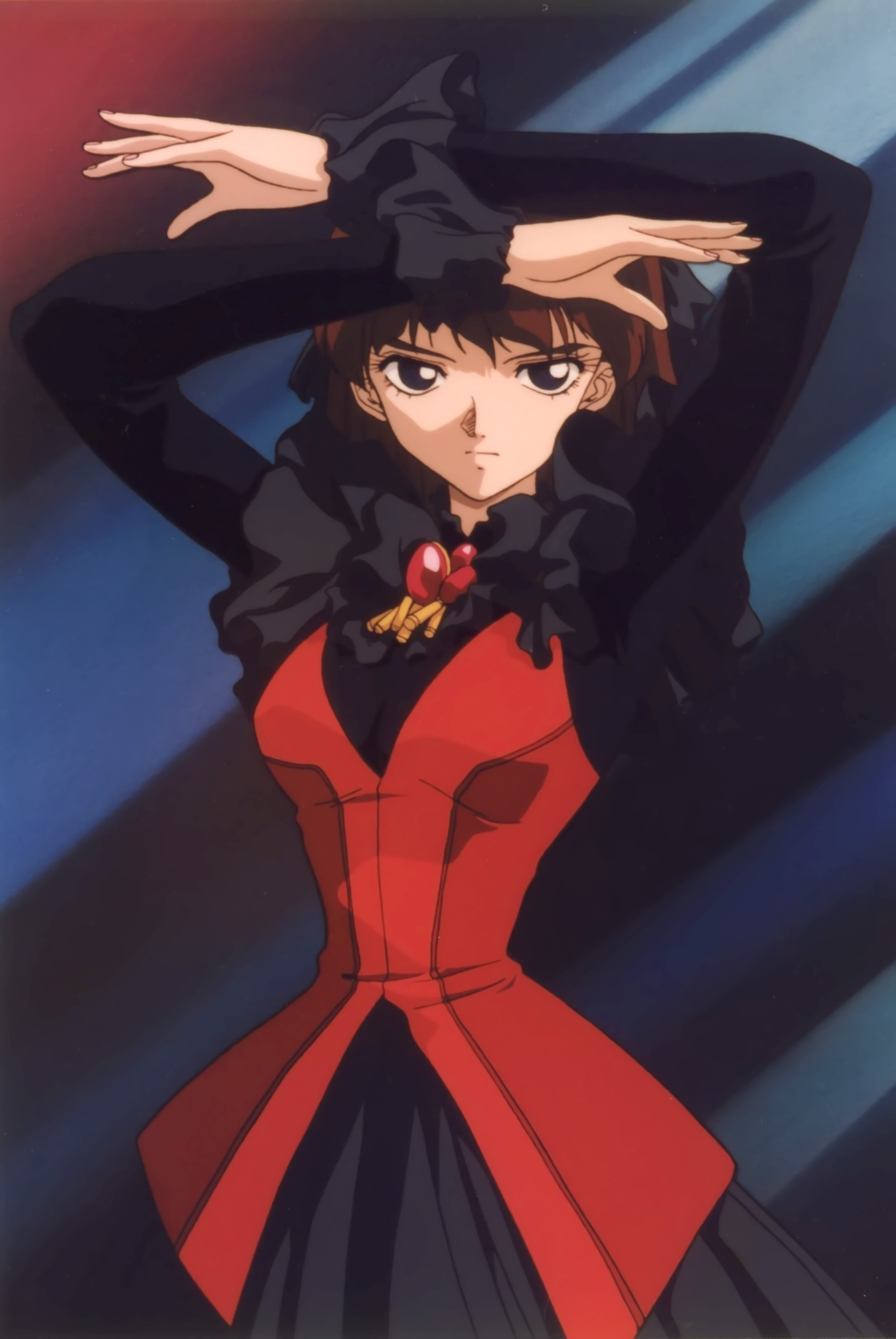 utsuse miho, key the metal idol, absurdres, artist request, highres, official art, scan, third-party source, 1990s (style), 1girl, anime coloring, arms up, black dress, black eyes, breasts, brown hair, closed mouth, cowboy shot, determined, dress, expressionless, eyelashes, frilled dress, frills, jewelry, layered dress, long sleeves, looking at viewer, medium breasts, red dress, retro artstyle, short hair, solo