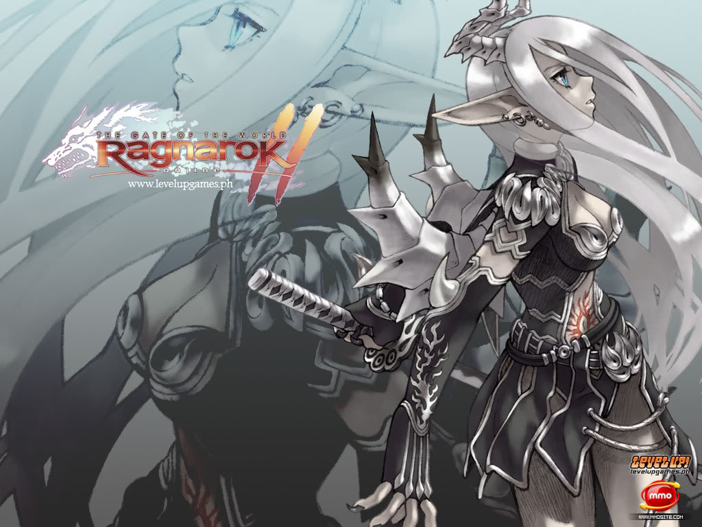 dimago, ragnarok online 2, ragnarok online 2: gate of the world, official art, official wallpaper, 1girl, aqua eyes, claws, demon girl, earrings, horns, jewelry, sword, weapon, white hair, yellow eyes